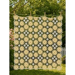 Vintage Crochet Lace Tablecloth Yellow White Floral Medallion Cottagecore Throw